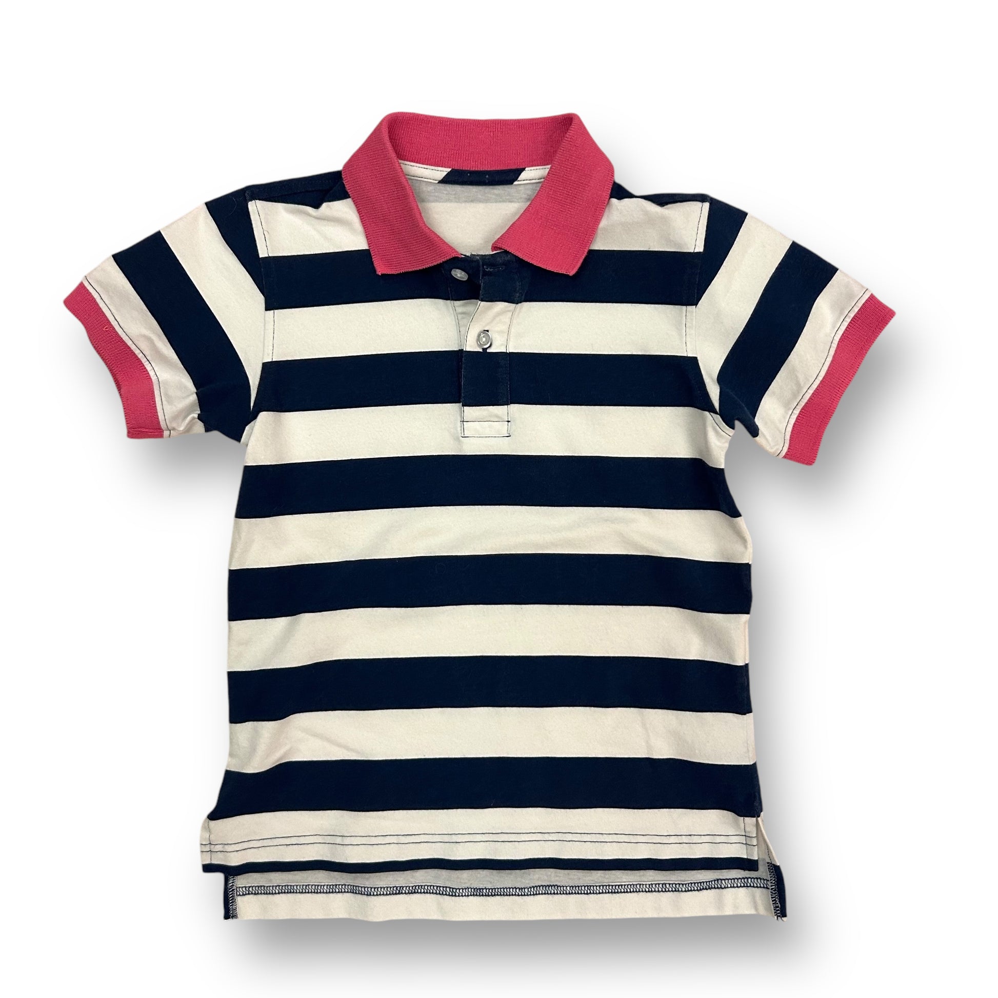 A navy and white striped polo shirt with short sleeves and a pink collar for girls size 5/6.
