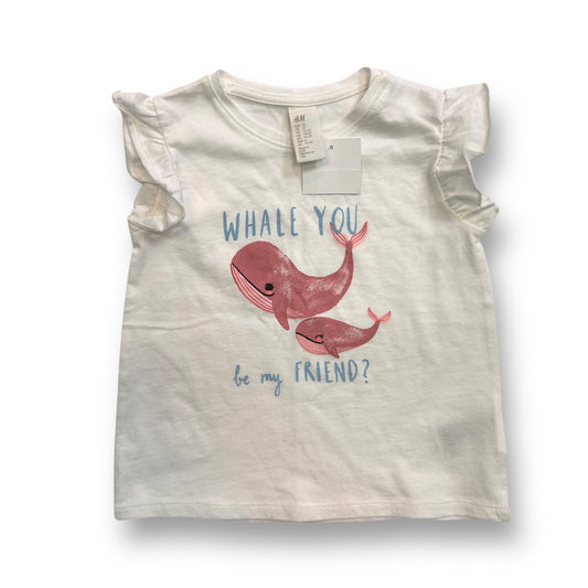 NEW! H&M Kids Size 2T Girls Flutter Sleeve Shirt White Whale Short Sleeve Tee