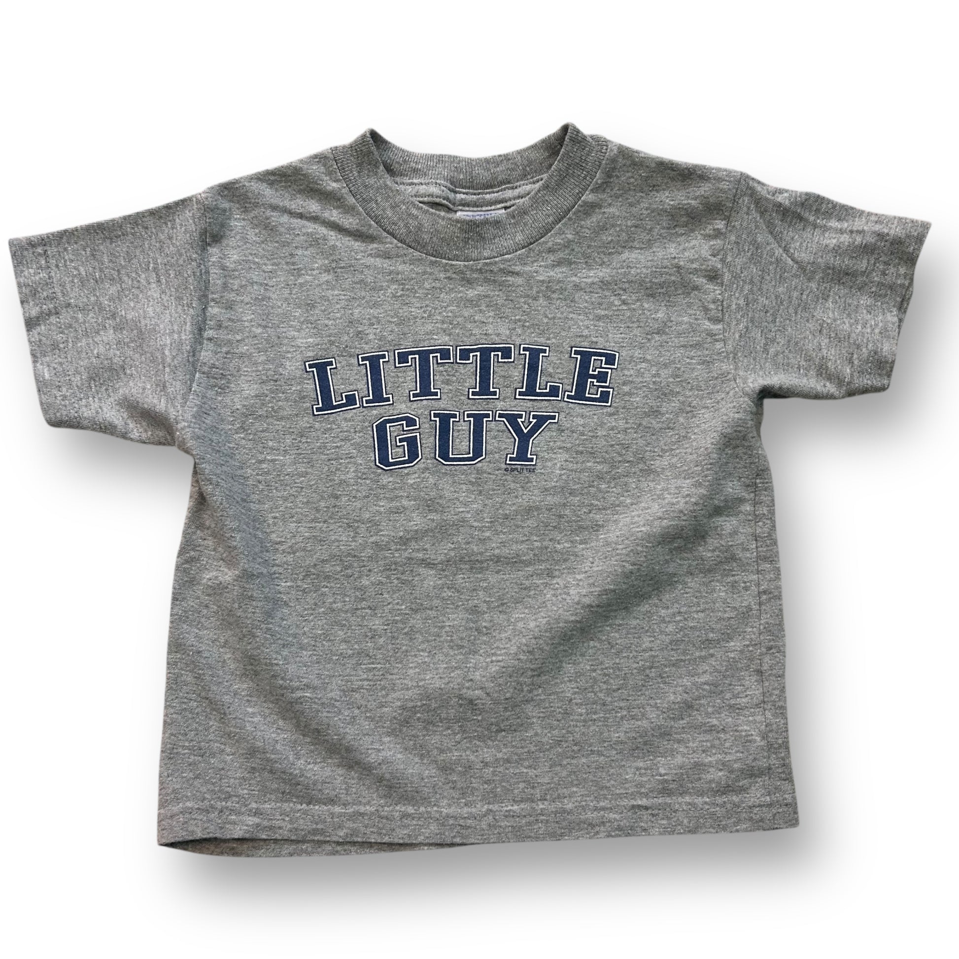 A gray short-sleeved t-shirt with 'LITTLE GUY' printed in blue text on the front.