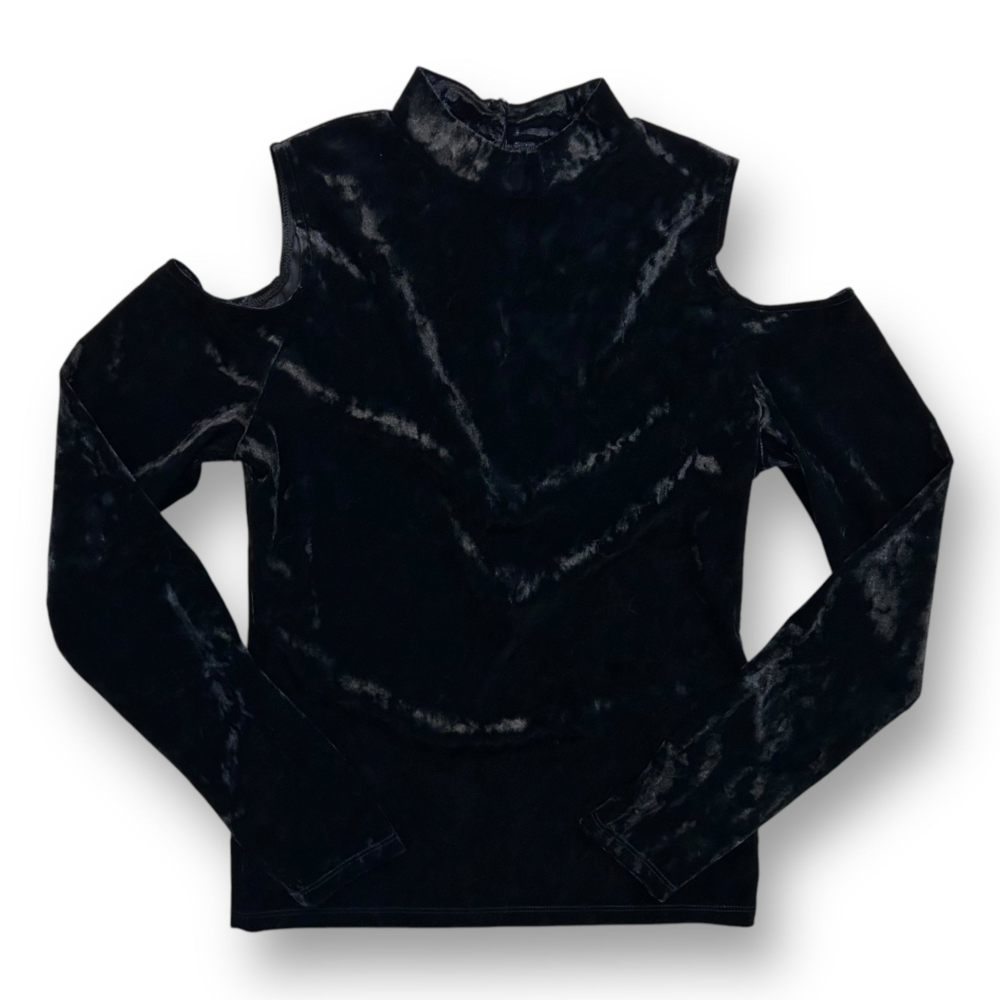 Women's size XS black crushed velvet cold shoulder top with long sleeves and a turtleneck.