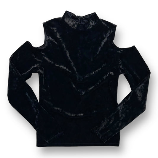 Women's size XS black crushed velvet cold shoulder top with long sleeves and a turtleneck.