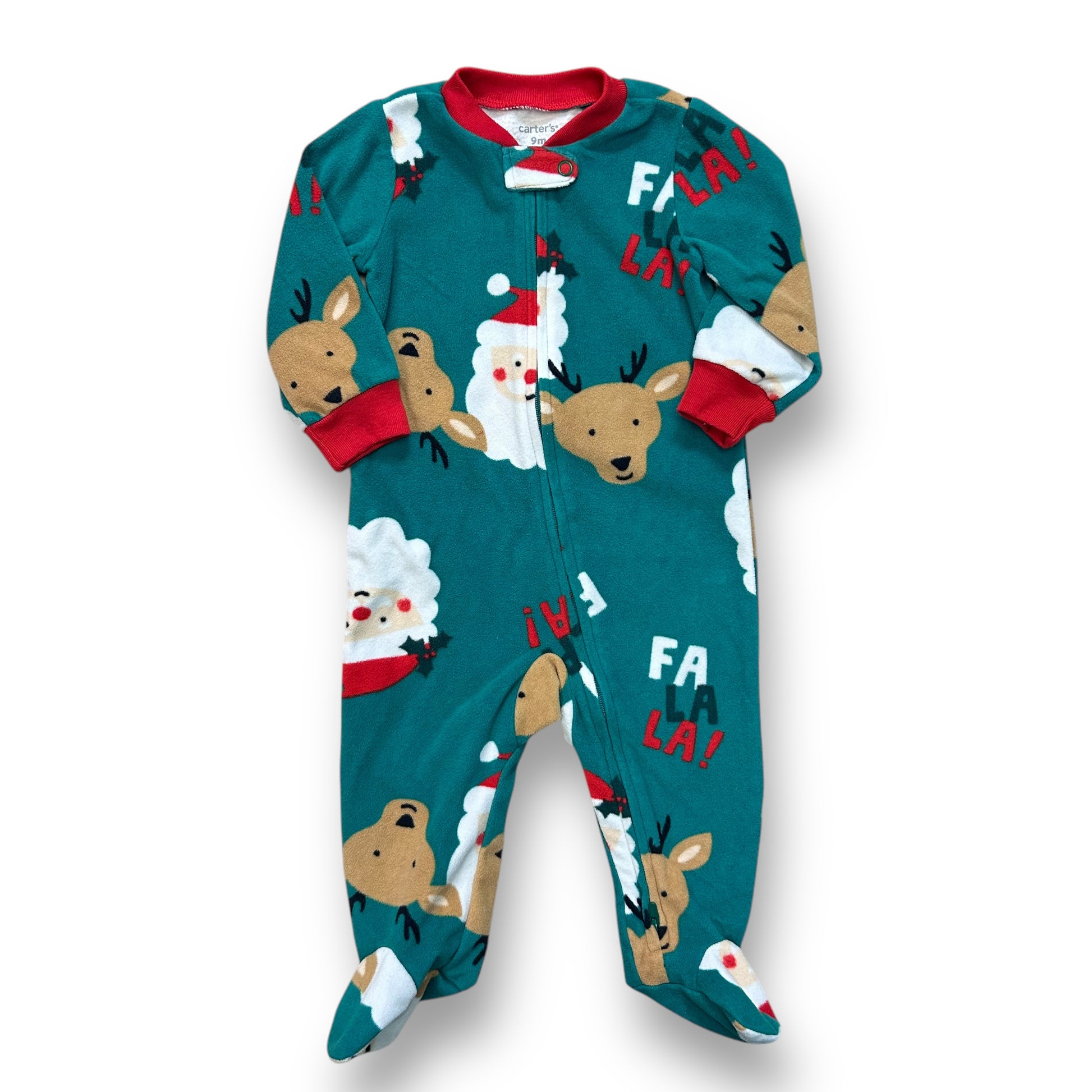A green fleece footie pajama set for a 9-month-old boy, featuring a Santa Claus and reindeer design with red trim.