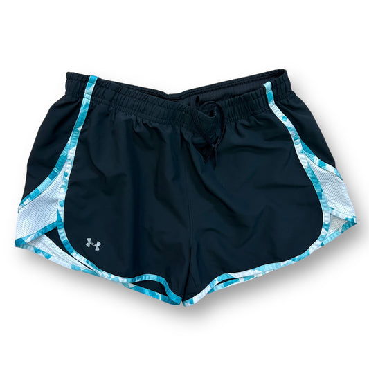 Under Armour women's size small black athletic running shorts with blue trim and brand logo on the bottom right.