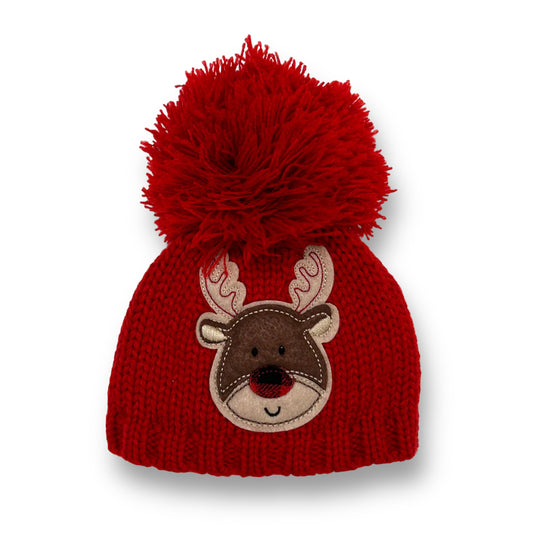 Baby Boy Knit Beanie Size 0-6 Months Red Reindeer Toboggan Christmas Hat