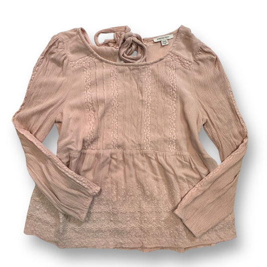 American Eagle Women's Size Small Pink Blush Babydoll Blouse with long sleeves and tie neck.