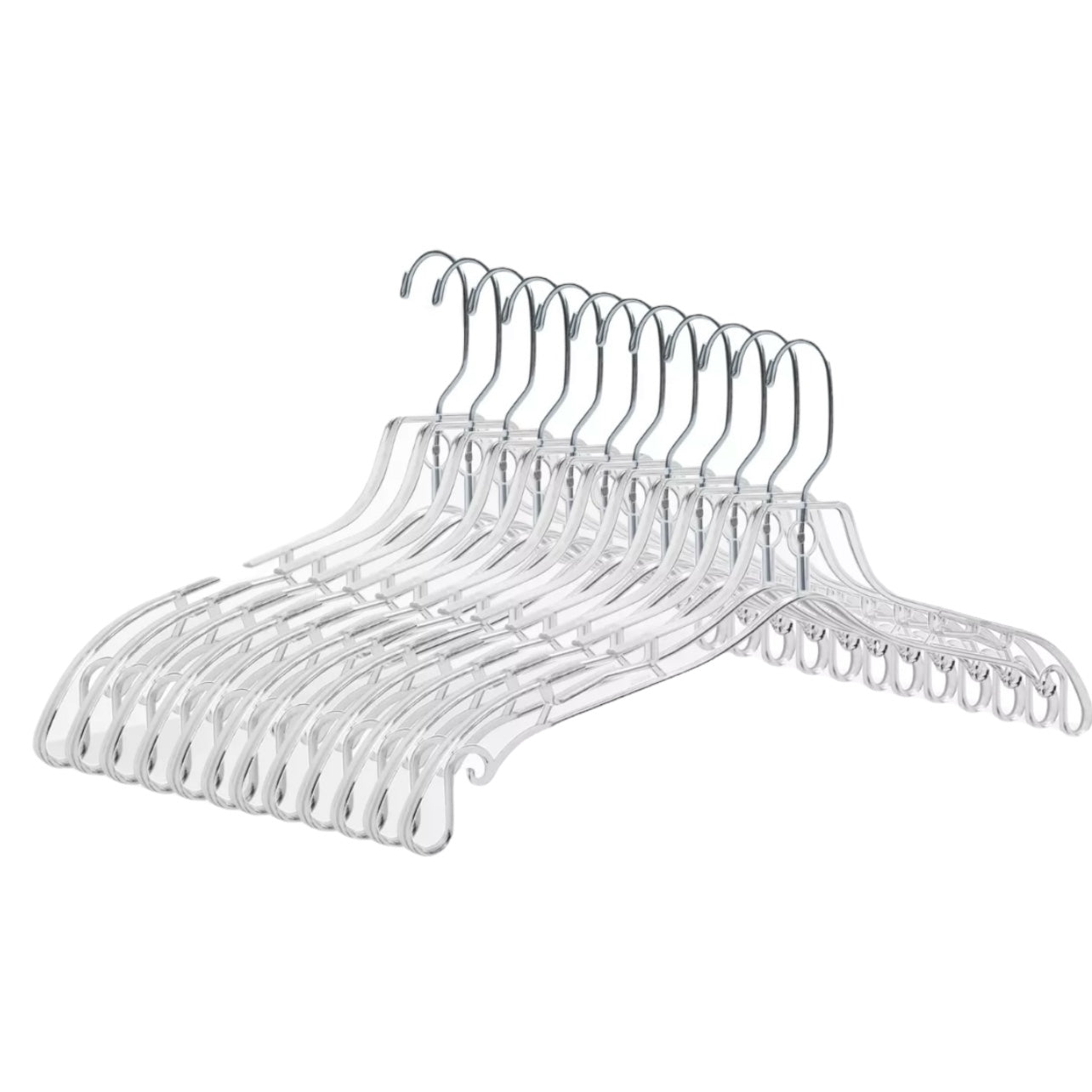 A case of clear plastic retail dress hangers on metal hooks, displayed in a neatly organized manner.