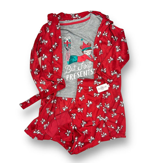 NEW! Girls Size 4T Gray and Red Christmas Top, Pants, & Robe 3-Pc Pajama Set