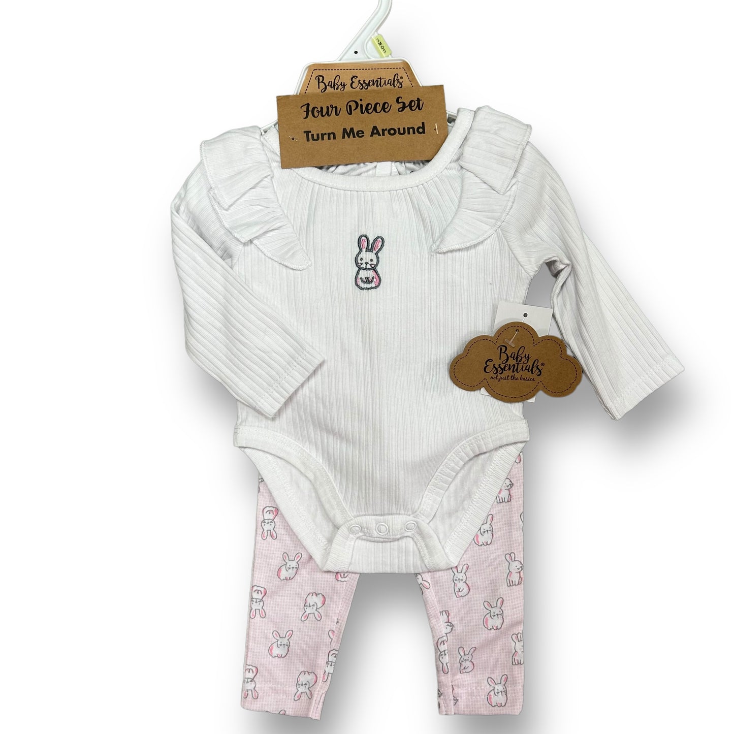 NEW! Girls Baby Essentials Size 3 Months White & Pink Bunny Print 4-Pc Outfit