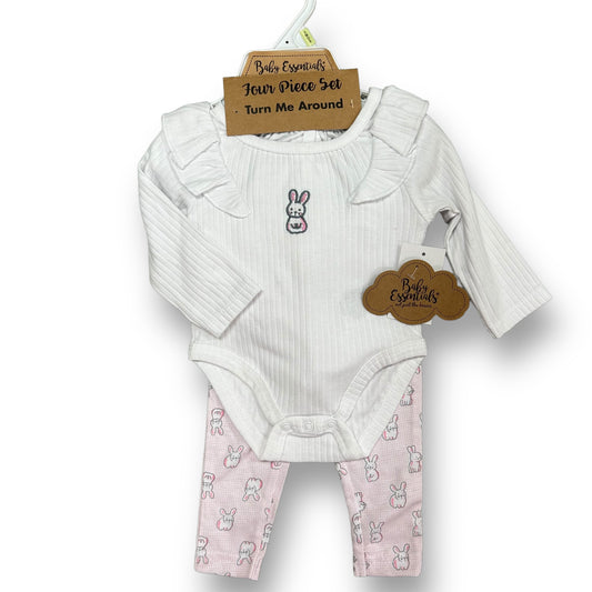 NEW! Girls Baby Essentials Size 3 Months White & Pink Bunny Print 4-Pc Outfit