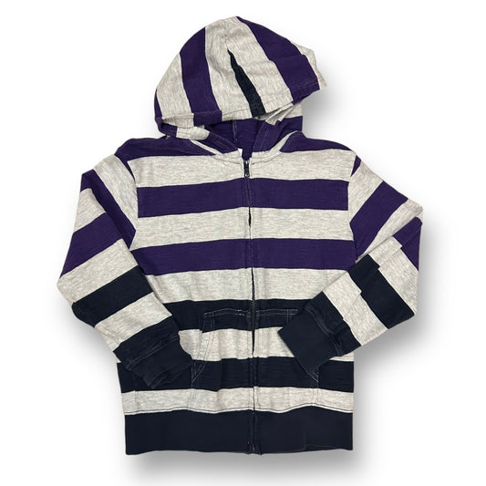 A striped lightweight zip-up hoodie jacket for boys, with a hood, featuring a purple and gray color scheme.