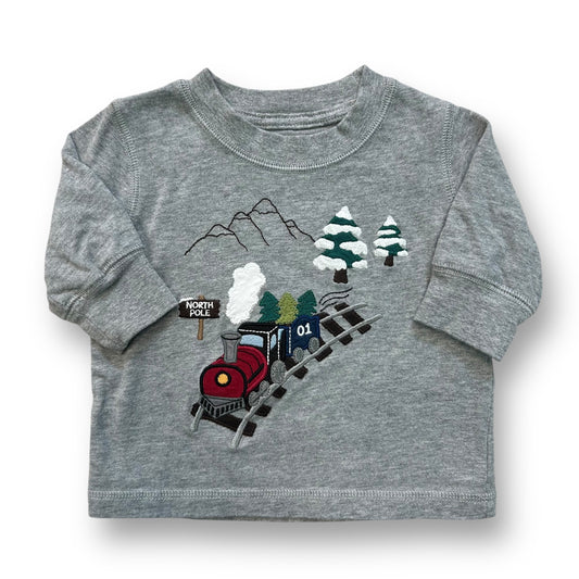 A gray Gymboree toddler shirt with embroidered Christmas train design, suitable for 3-6 months old.