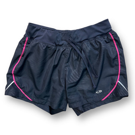 Women's gray athletic quick-dry running shorts with pink trim and a drawstring waistband.