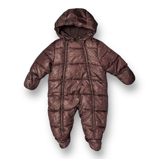 A brown fox print winter snow suit for a 6 month old boy, including a hood and mittens.