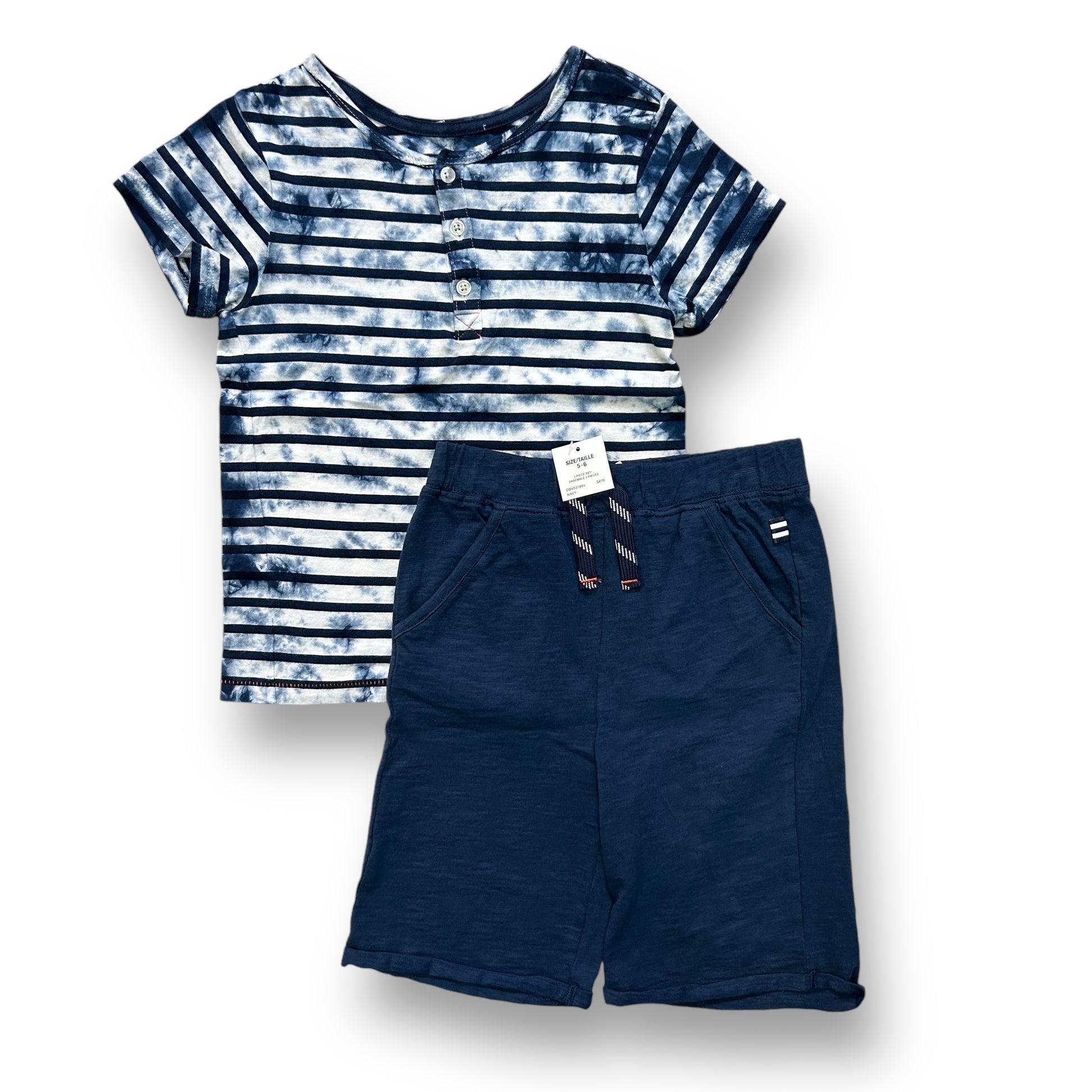 A dark blue striped henley top and navy blue shorts outfit for boys, size 5/6, with a striped pattern on the top and solid color on the shorts.