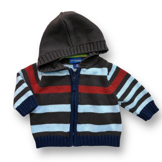 A striped zip-up hoodie sweater for a 6-month-old boy, with black and blue stripes and a hood.