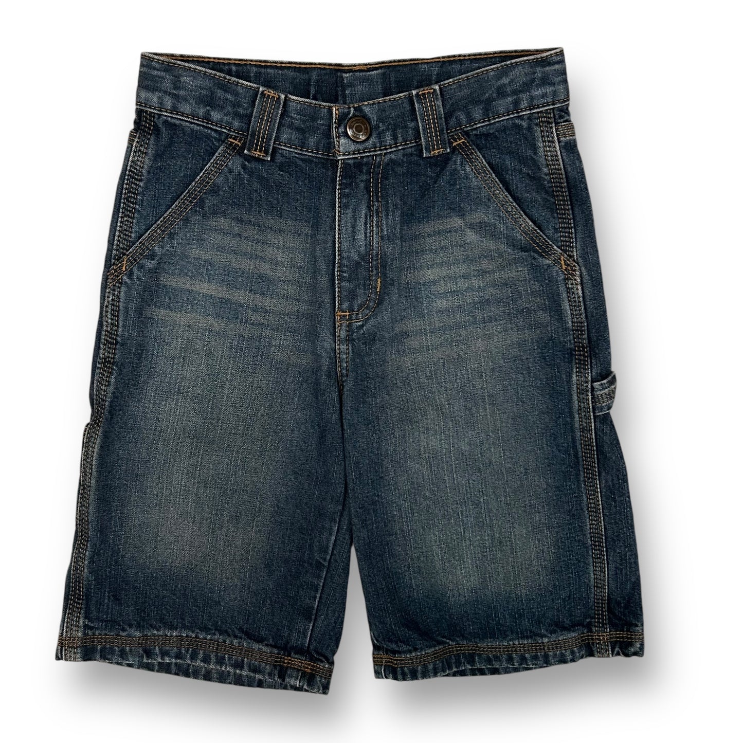 A pair of boys' denim cargo shorts with a front pocket, displayed against a white background.