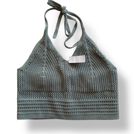 A dark green knit crochet crop top by Aerie, featuring a halter neckline and short straps.
