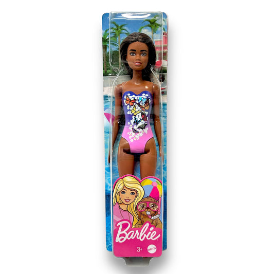NEW! Brown Hair Barbie Doll in Purple Butterfly Beach Swimsuit, 11" Doll