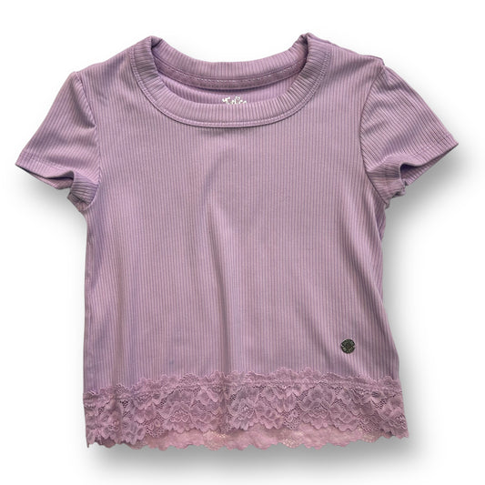 A purple t-shirt with short sleeves and a lace-up neckline.