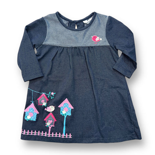 Beebay Girls Size 9-12 Months Dark Blue Embroidered Birdie Long Sleeve Dress