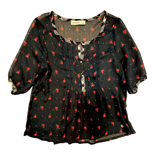 Women's floral print button top blouse by Abercrombie, showcasing short sleeves and a round neckline.