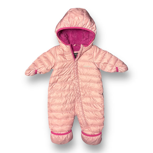 A pink Eddie Bauer girls' snow suit with hood, mitten, and boot cuffs.
