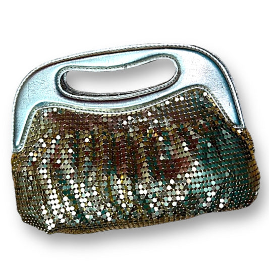 Gold metallic sequin mesh clutch handbag with a silver handle.