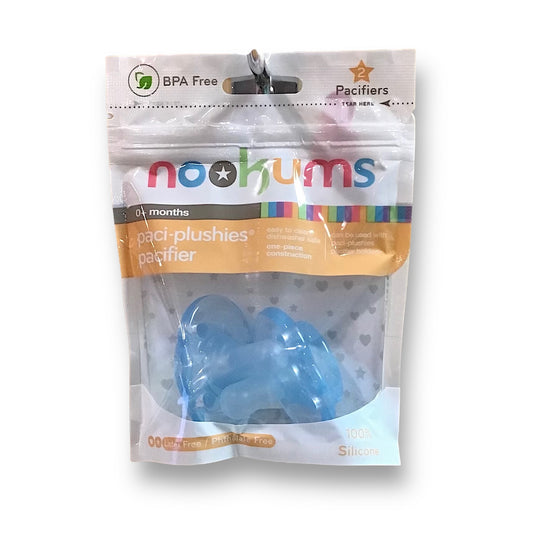 Two blue pacifier replacements from Nookums Paci-Plushies, packaged in a transparent plastic bag with branding and product information.