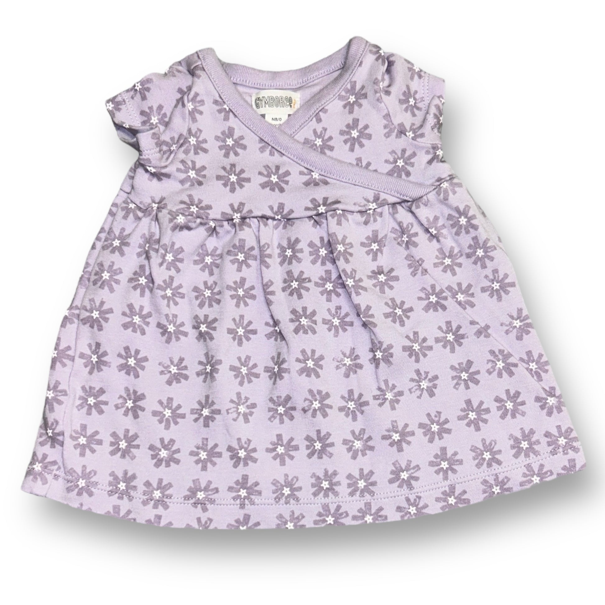 Lavender-colored Gymboree dress and bloomers for newborn girls with a floral daisy pattern.