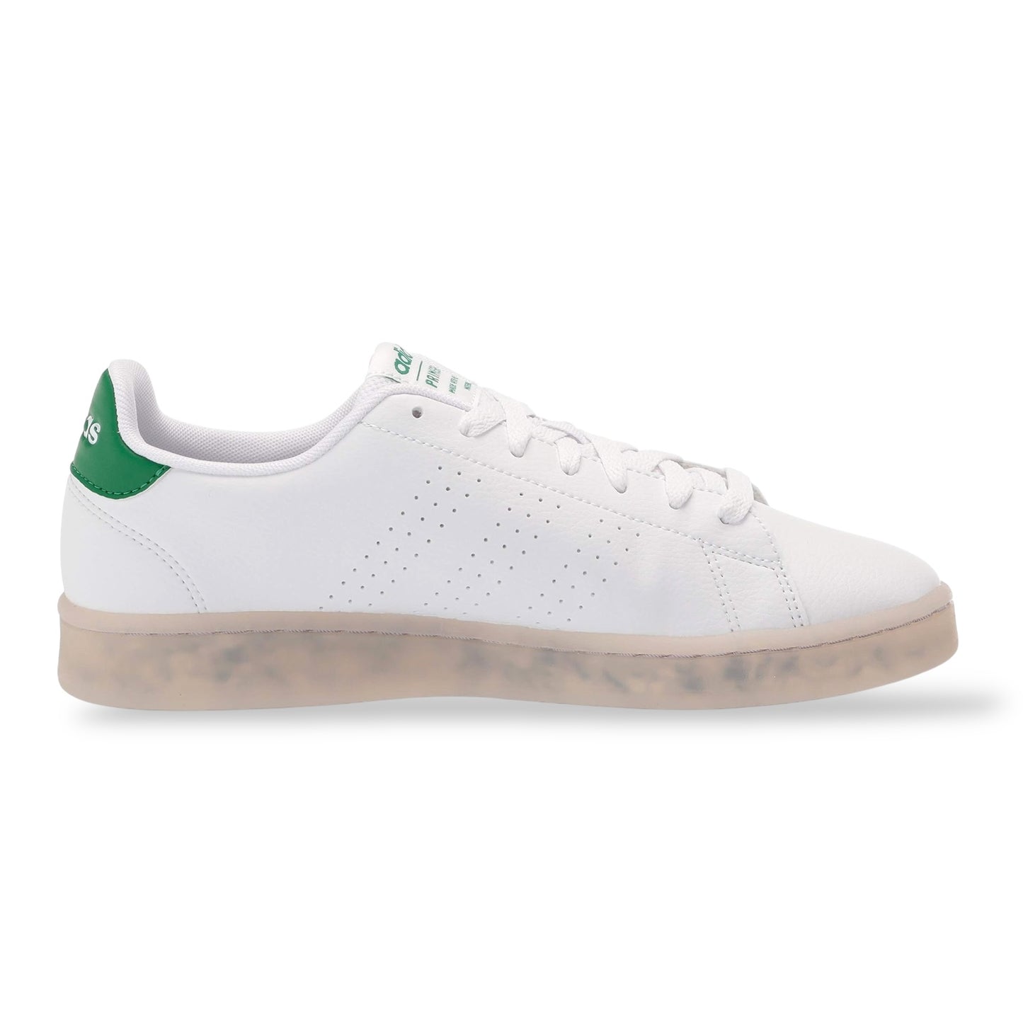 White sneaker with green accents on a white background