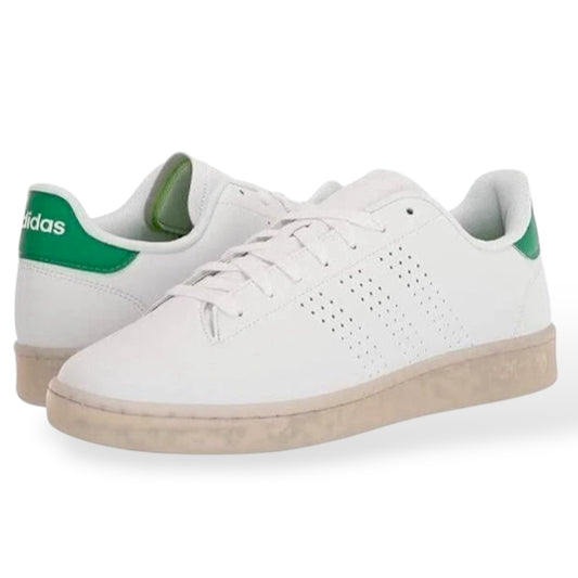 Men's Adidas Advantage ECO white leather sneakers with green accents.