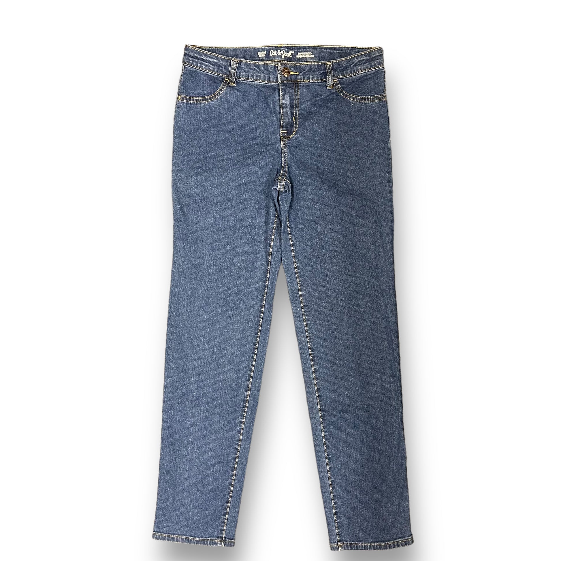 A pair of girls' straight leg denim jeans with a super stretch fabric.
