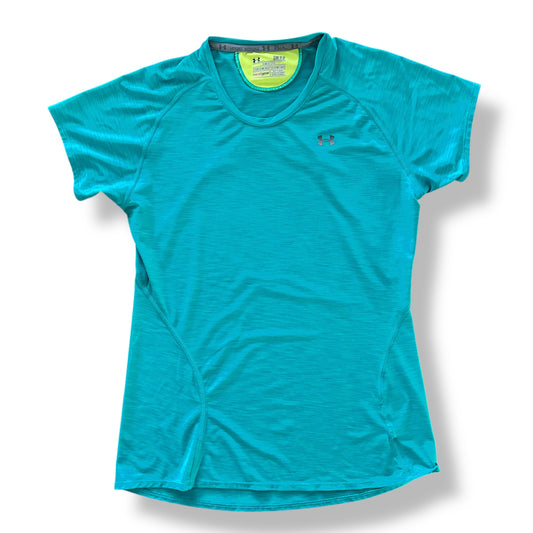 Blue athletic shirt with Under Armour logo on a white background
