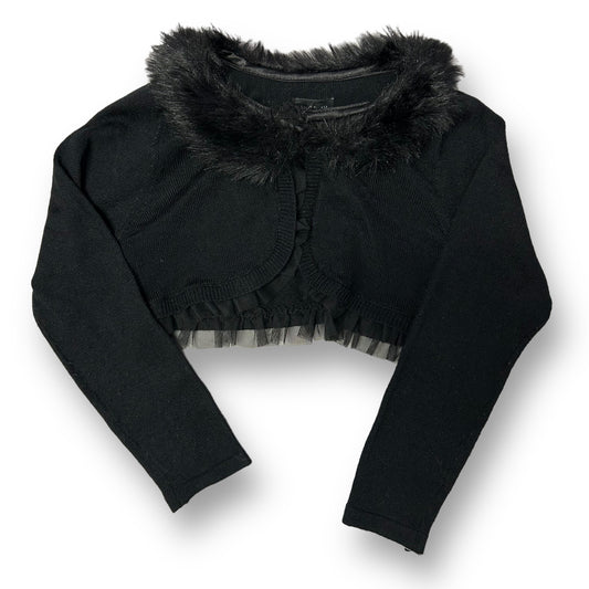 Girls Size 5T Black Cardigan Faux Fur Collar Tulle Ruffled Crop Sweater