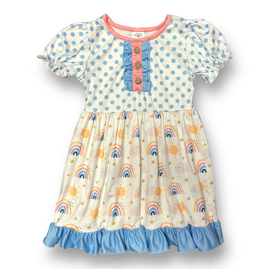 NEW! Girls Boutique Dress Size 5 Polka Dot & Rainbows Soft Ruffled Twirl Dress