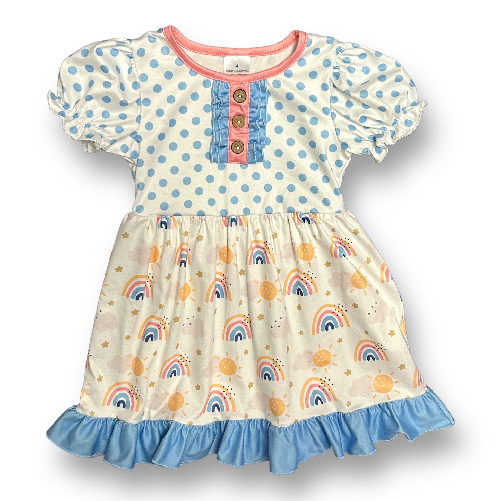 Girls' boutique size 4 polka dot and rainbow soft ruffled twirl dress in white, with dotted and rainbow patterns, featuring a blue-colored collar and sleeve accents.