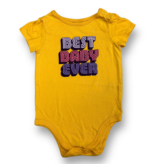 A mustard yellow short sleeve bodysuit for girls with 'Best Baby Ever' text pattern on the front.