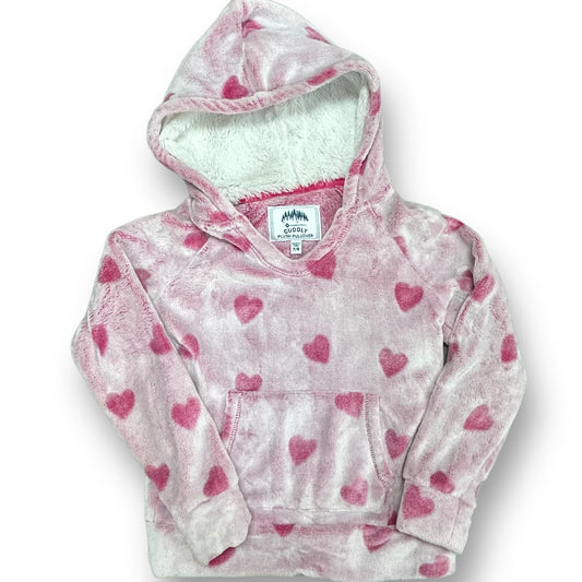 A pink heart-printed sherpa hoodie for girls, with a hood and long sleeves.