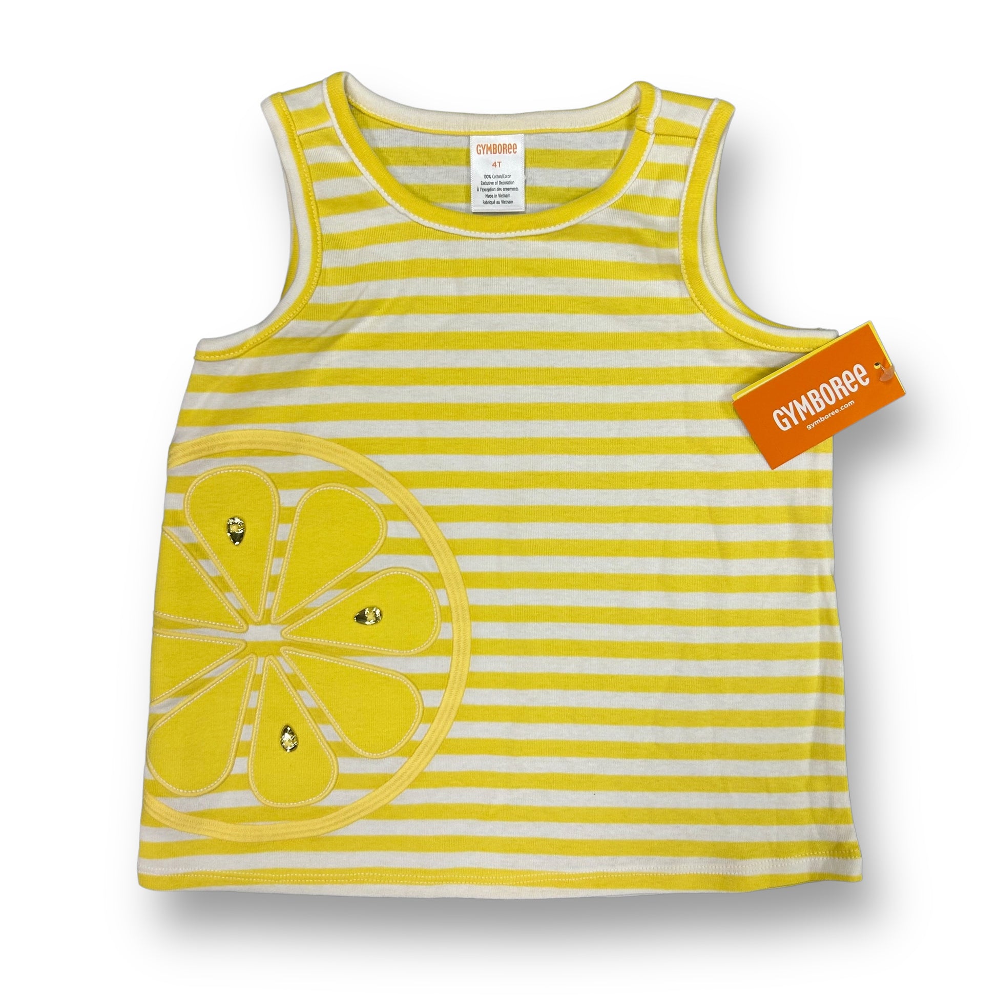 A sleeveless, yellow and white lemon print shirt for girls, displayed with short sleeves and a round neckline.