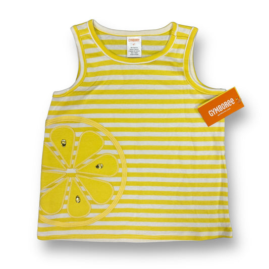 A sleeveless, yellow and white lemon print shirt for girls, displayed with short sleeves and a round neckline.