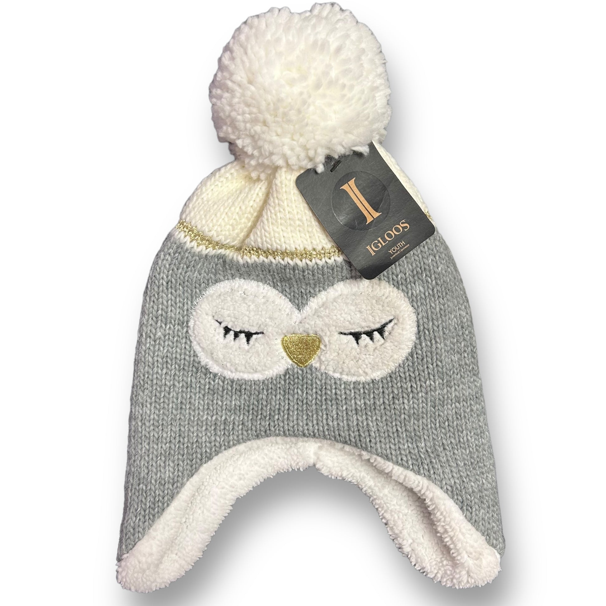 A gray knit beanie with a penguin face design and a white pom-pom on top, lined with a sherpa fabric.