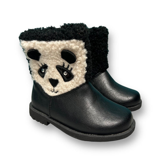 Toddler girl's black side-zip fuzzy panda boots with a panda face design on the top.