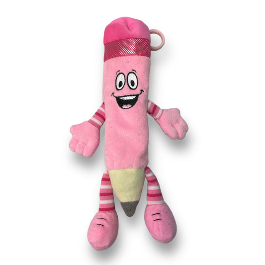 A pink plush zippered pencil case keychain designed for kids.