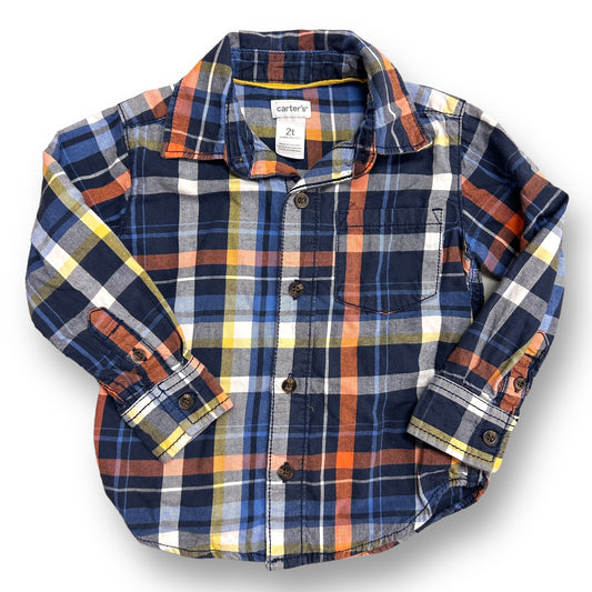 Carter's Boys Size 2T Orange and Navy Plaid Soft Knit Button Up Shirt
