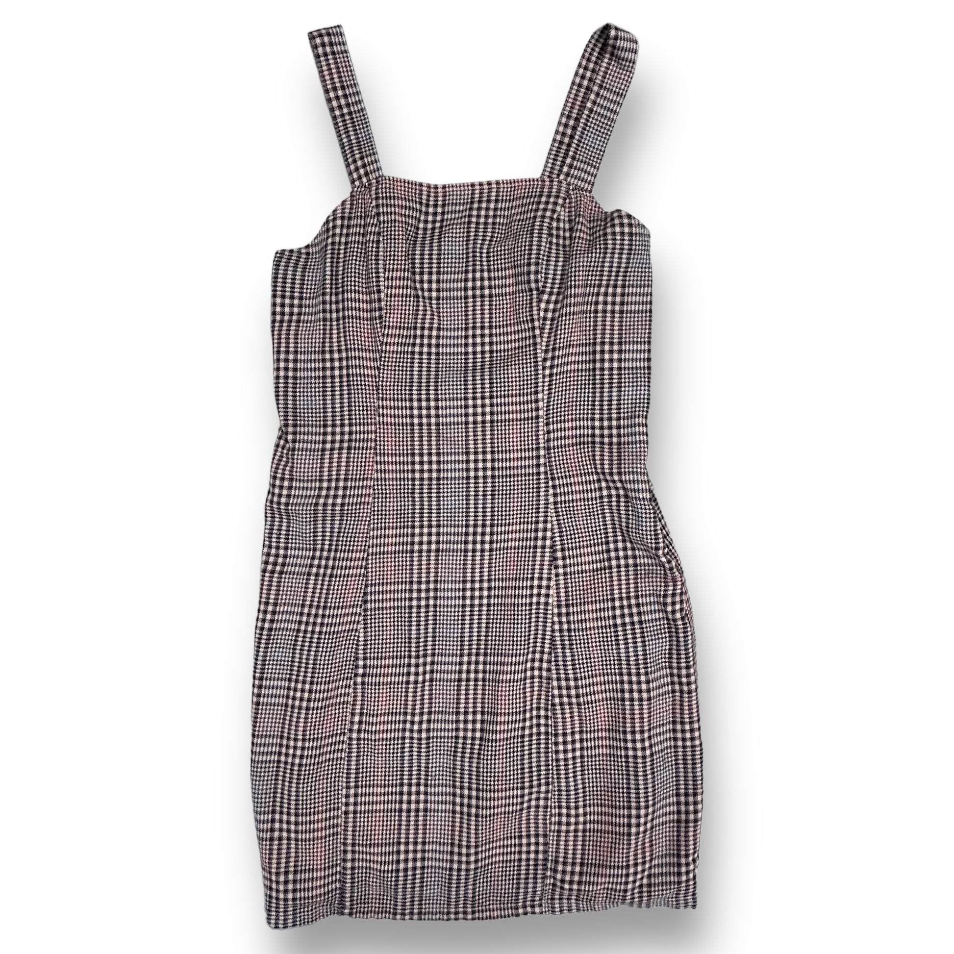 A checkered plaid jumper for girls, with a V-neckline and sleeveless design, in a gray, pink, and blue color scheme.