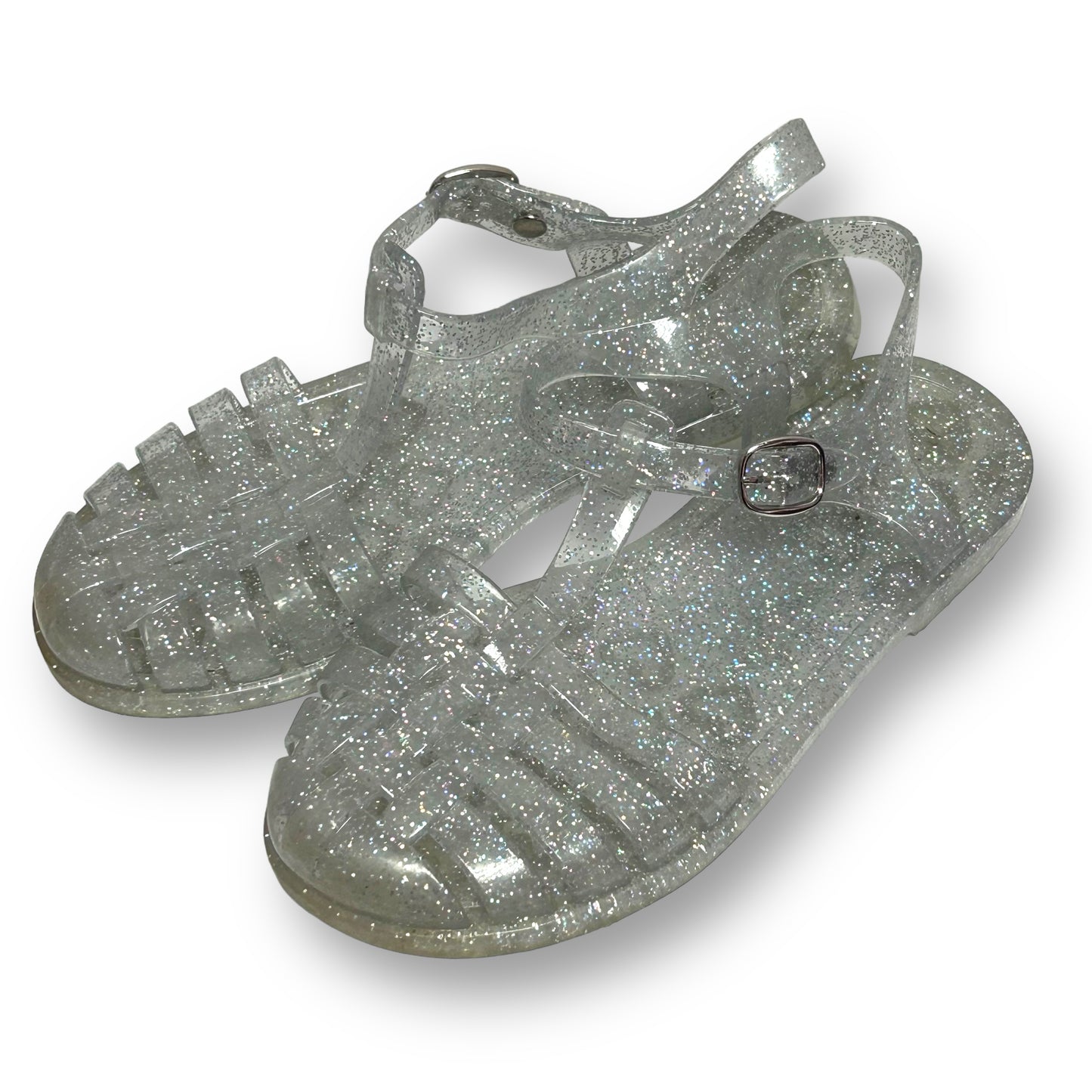 Youth Girls Clear Jellies Size 1 Shimmery Flat Buckle Sandals