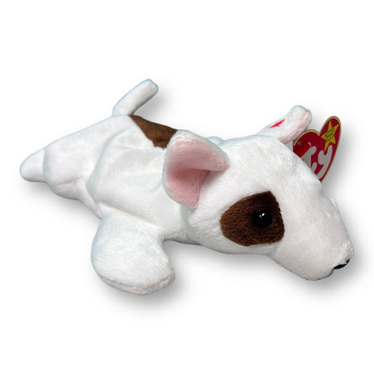 A plush toy resembling a dog with a predominantly white color and brown and black accents, designed for the TY Beanie Baby series.