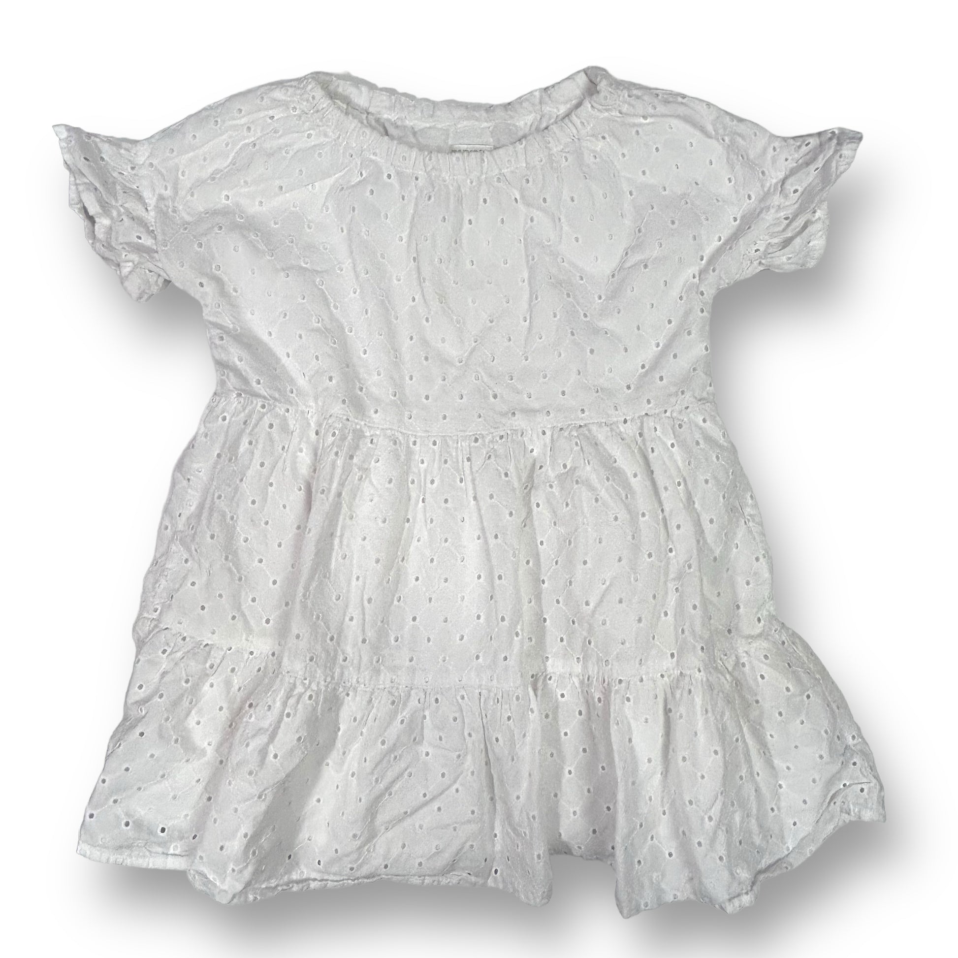 Girls' white eyelet summer dress by Gymboree, featuring short sleeves and a round neckline.