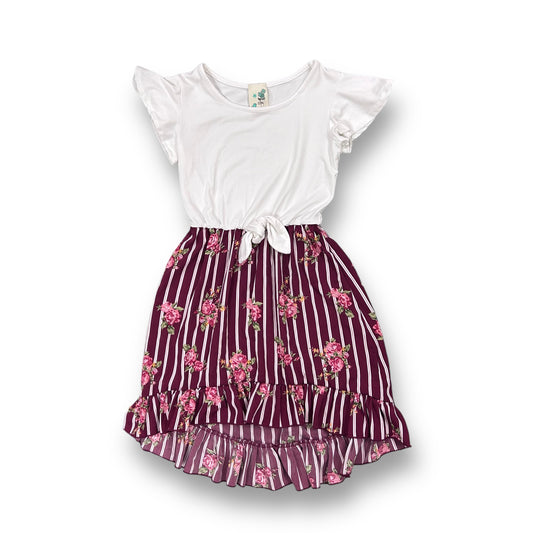 Lily Bleu Girls Size 7 White and Maroon Soft Knit Flutter Sleeve Tie-Front Dress