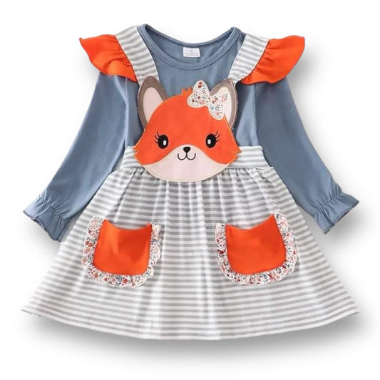 Girls' two-piece outfit set including a shirt and a jumper with a blue and gray color scheme, featuring a fox applique on the jumper and striped pocket design.
